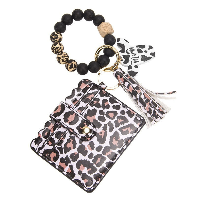 Wholesale Leopard Print Silicone Bead Bracelet Card Holder Ox Head Wood Chip Keychain